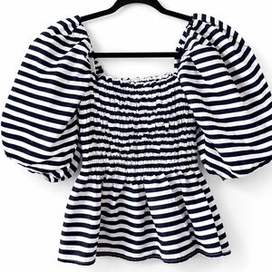 Vine & Love Navy White Stripe Smocked Puff Sleeve Peplum Top S